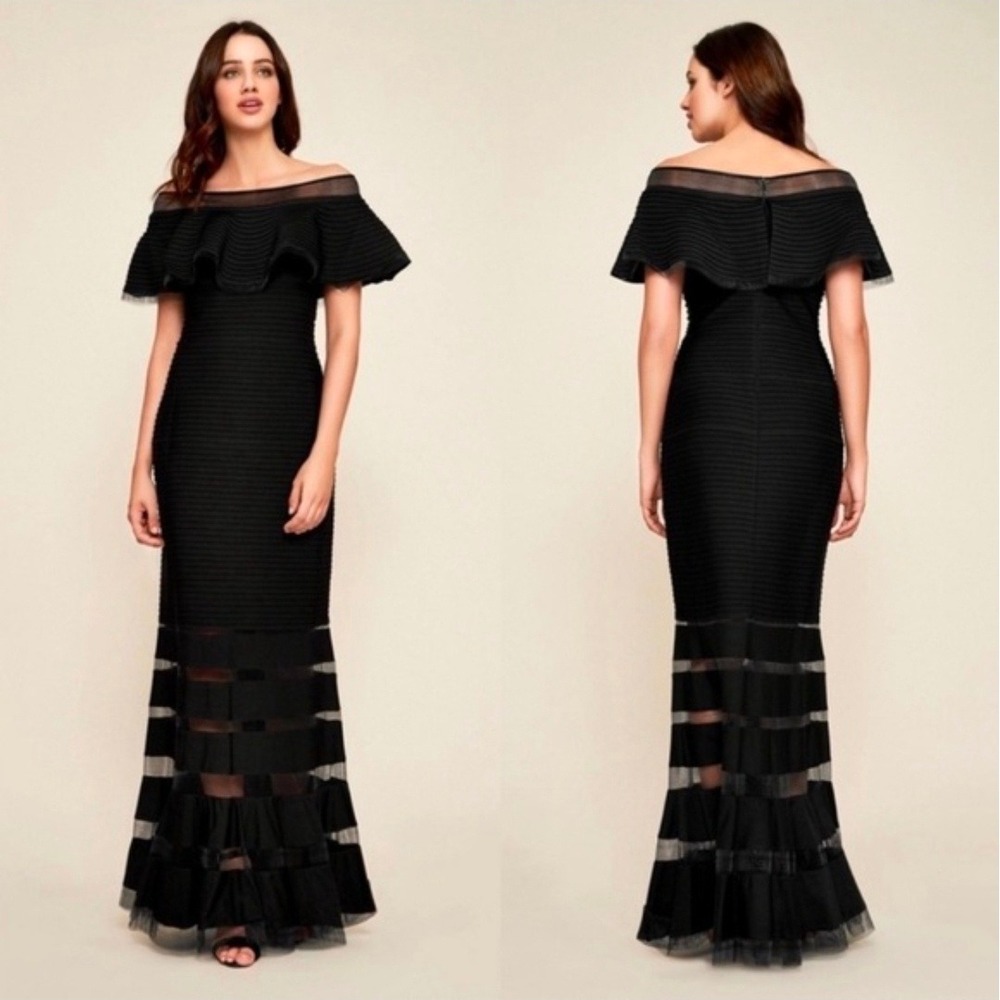 Tadashi Shoji Black Off-the-Shoulder Ruffle Maxi Gown